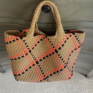 Naghedi tote bag - tan background with bright pink and navy accents